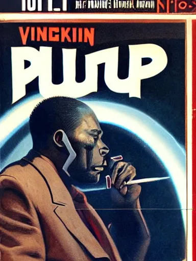 Image similar to pulp magazine cover of a black man in a suit smoking, cinematic view, dynamic lighting, volumetric lighting, mysterious highly detailed, smooth, digital painting, symmetrical, art by vincent di fate, kehinde wiley, artem demura, frezetta