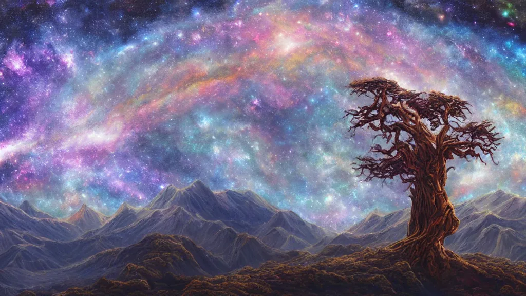 Image similar to a galaxy spiral tree in the center with mountains in the background, highly detailed oil painting, epic fantasy art, abstraction, masterpeice, 8k