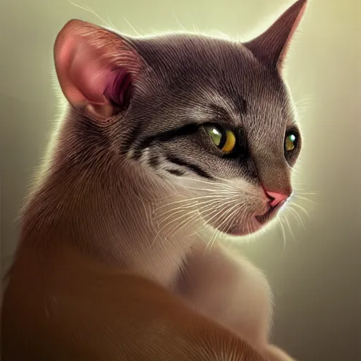 Image similar to hybrid of mouse and cat, half cat - half mouse, digital art, photo realistic, highly detailed, art by george stubbs, anton fadeev, james gurney