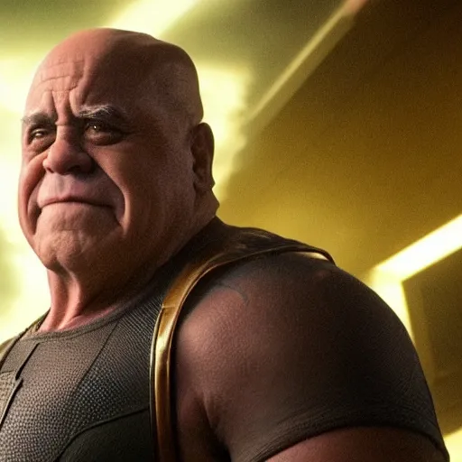 Image similar to a screenshot of Danny Devito playing Thanos in Avengers Endgame