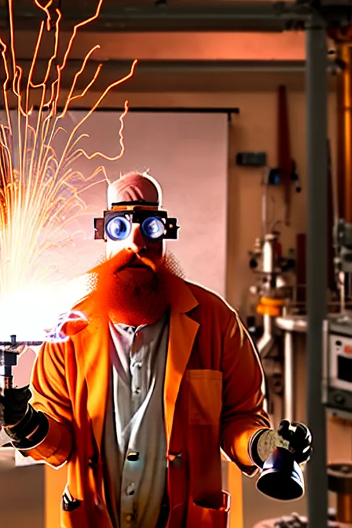 Image similar to an awkwardly tall scientist with 3 eyes and a tangled beard and unruly red hair atop his balding head wearing a labcoat and welding goggles and holding a beaker, high resolution film still, movie by Ivan Reitman