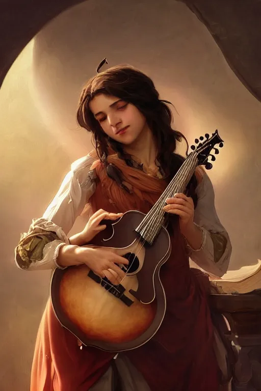 Image similar to beautiful bard holding a mandolin, accurate anatomy, only two hands, highly detailed, digital painting, artstation, concept art, smooth, sharp focus, illustration, Unreal Engine 5, 8K, art by Artgerm and greg rutkowski and alphonse Mucha