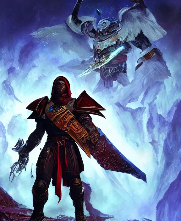 Image similar to final boss warrior, destiny 2, fantasy, man, contrast, highly detailed, digital painting, artstation, concept art, wallpaper, smooth, sharp focus, illustration, illumination, art by larry elmore, jeff easley, clyde waldwell, keith parkinson, daniel r horne