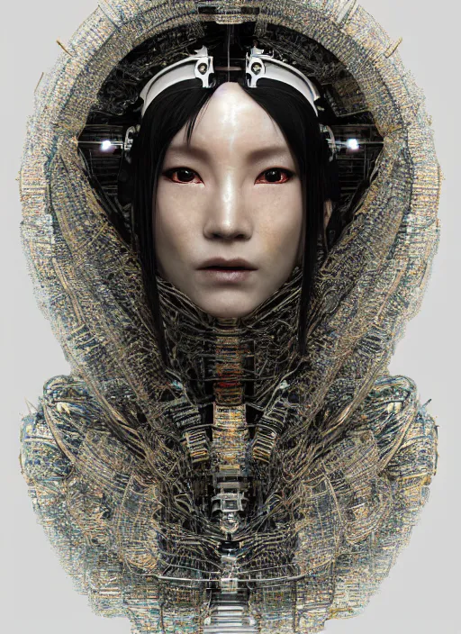Image similar to portrait of a futuristic geisha cyborg, made from million point clouds, in the style of ghost in the shell, kintsugi, modern fine art, fractal, intricate, elegant, highly detailed, digital photography, subsurface scattering, by jheronimus bosch and klimmt and greg rutkowski,