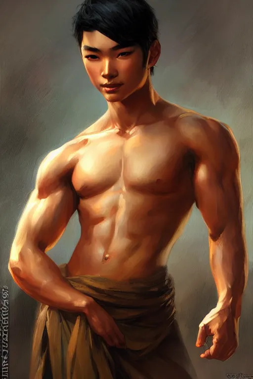 Image similar to young handsome asian male portrait dnd, muscle, painting by gaston bussiere, elena zhurikhina, goro fujita and charlie bowater