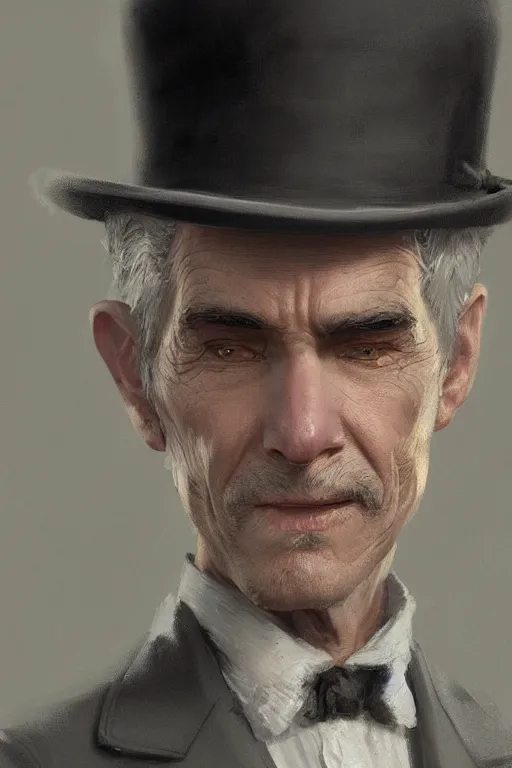 Prompt: a grey hair ageing halfling with stubble top hat and suit by Greg Rutkowski, painting, HD, high details, trending on artstation
