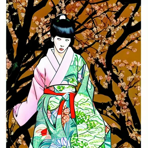 Prompt: A beautiful performance art of a young woman in a traditional kimono, with a background of sakura blossoms. comic book art, apricot by Arthur Boyd, by Glen Fabry