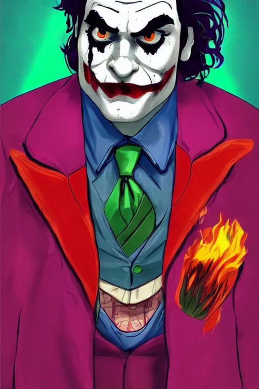 Prompt: joaquin phoenix joker issues 1, sadness, city flame, red flower, copyright by dc, comic book cover, justify content center, delete duplicate content!, violet polsangi pop art, gta chinatown wars art style, bioshock infinite art style, incrinate, realistic anatomy, hyperrealistic, 2 color, white frame, content balance proportion