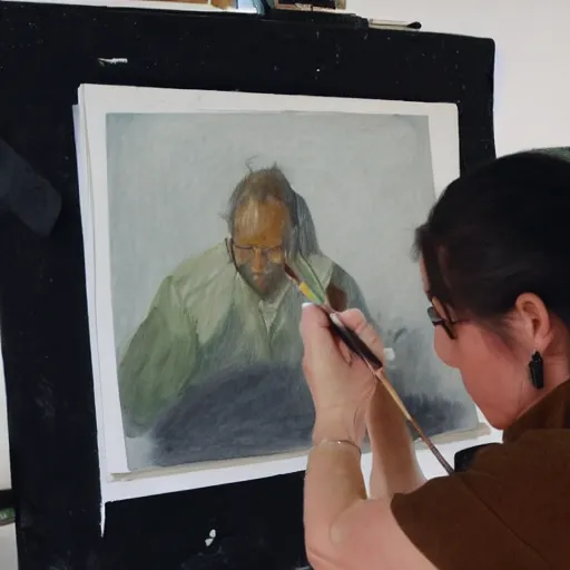 Image similar to a photo of a artist drawing an oil paint