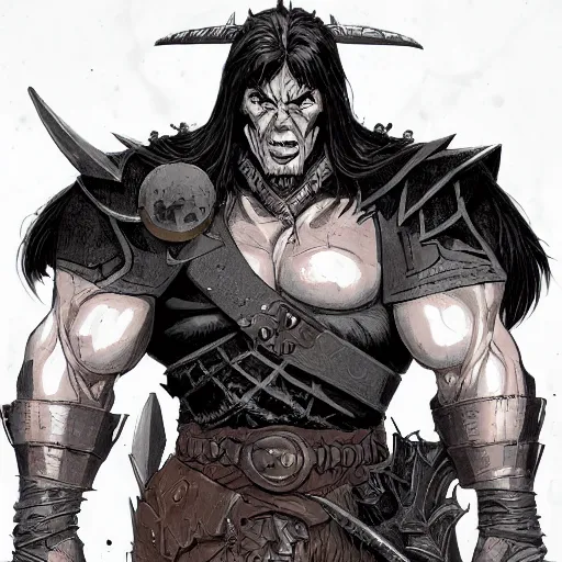 Image similar to cell shaded cartoon, a portrait of a fully armored evil warlock version of conan the barbarian, illustration, wide shot, subtle colors, concept art by josan gonzales and wlop, laurie greasley, jordan grimmer and james jean, highly detailed, sharp focus, trending on artstation, hq, deviantart, art by artgem