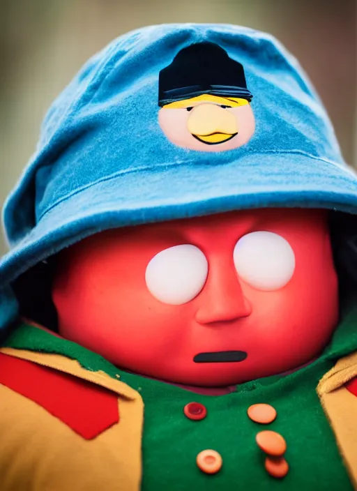 Image similar to portrait photo still of real life eric cartman, 8 k, 8 5 mm, f. 1 4