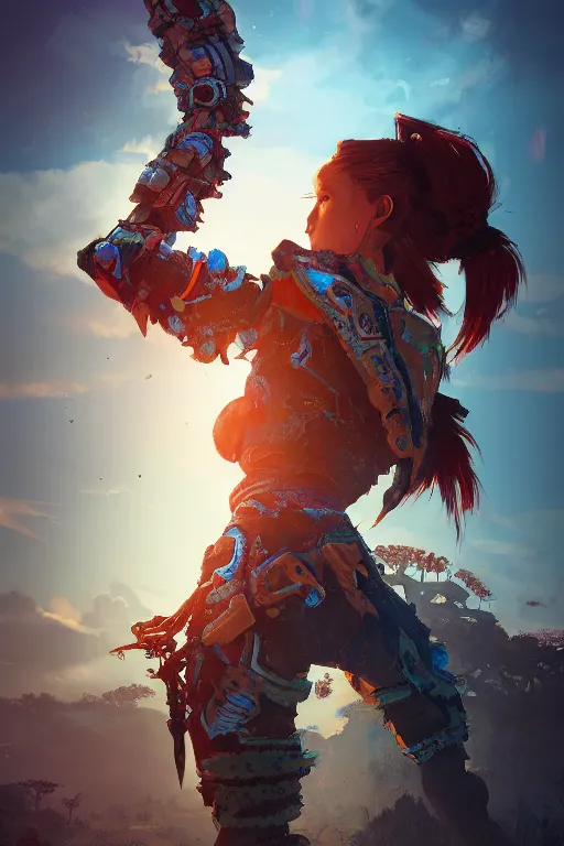 Image similar to combination suit armor aloy horizon forbidden west horizon zero dawn radiating a glowing aura global illumination ray tracing hdr fanart arstation by ian pesty and alena aenami artworks in 4 k tribal robot ninja mask helmet backpack