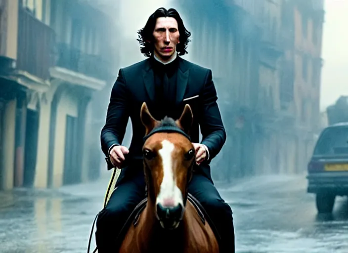 Prompt: first official image from bond 2 6, starring adam driver as agent 0 0 7, riding a horse through the streets of valparaiso, chile in heavy rain. directed by alejandro inarritu. stunning cinematography, kodak vision 2 0 0 t, high contrast, anamorphic lens, chromatic aberration.