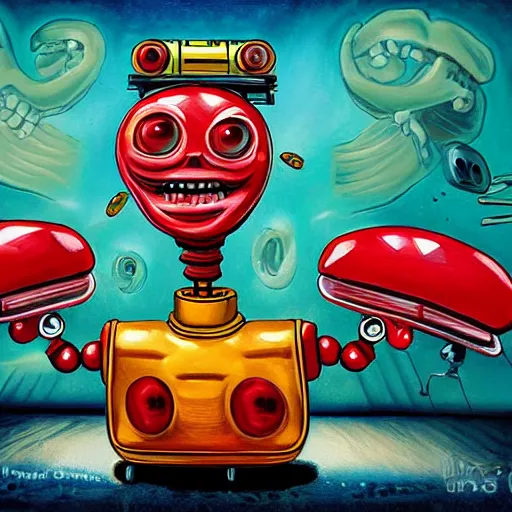 Prompt: the queen of robots, digital painting masterpiece, by ed roth and denys cowan and rockin jelly bean