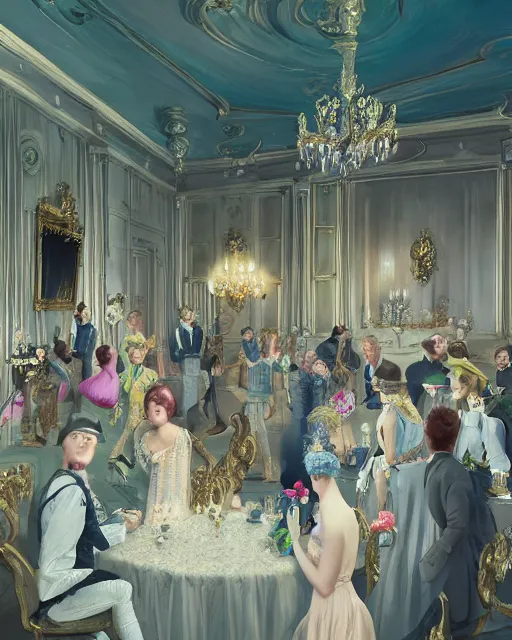 Image similar to rococo digital painting of a 1 9 2 0 s grand party in a beautiful mansion, many partygoers, unreal engine, hyper realism, realistic shading, cinematic composition, realistic render, octane render, detailed textures, photorealistic, ultrawide shot, 3 5 mm film