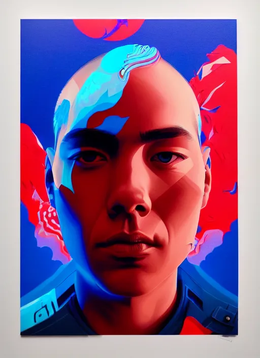 Image similar to red and blue color theme, beautiful hyperrealisitic portrait of burning police officer, tristan eaton, victo ngai, artgerm, rhads, ross draws