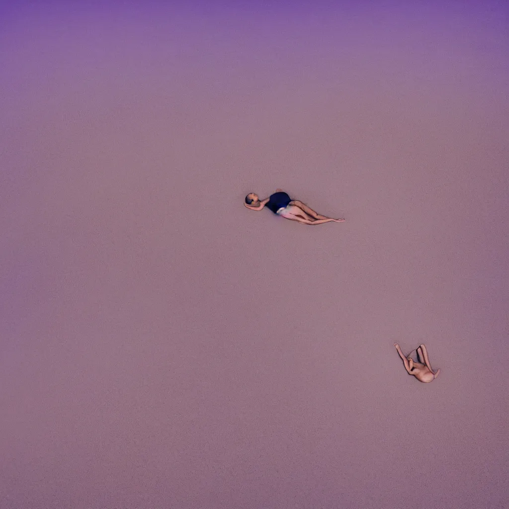 Image similar to aerial view of iridiscent oil spill in desert dunes of sand tempest with women corpses connected by cables and computers to wax forms to a buried baby relaxing on yoga mat, faded, purple gradient, dust, purple fog, depth of field, by werner herzog, hans bellmer and nadav kander, 8 k, sad atmosphere, cinematic