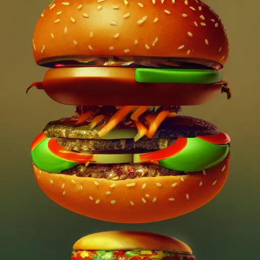 Prompt: trippy cheeseburger, highly detailed, warm colors, artstation, concept art, sharp focus, illustration, octane render, award winning, masterpiece, art by studio 4