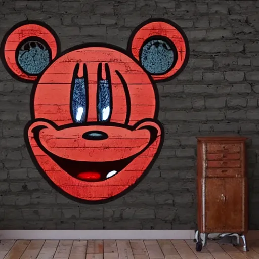 Prompt: big mickey mouse head in abandomed red workshop, creepy atmopshere, realistic, 8 k, detailed, art, lab,