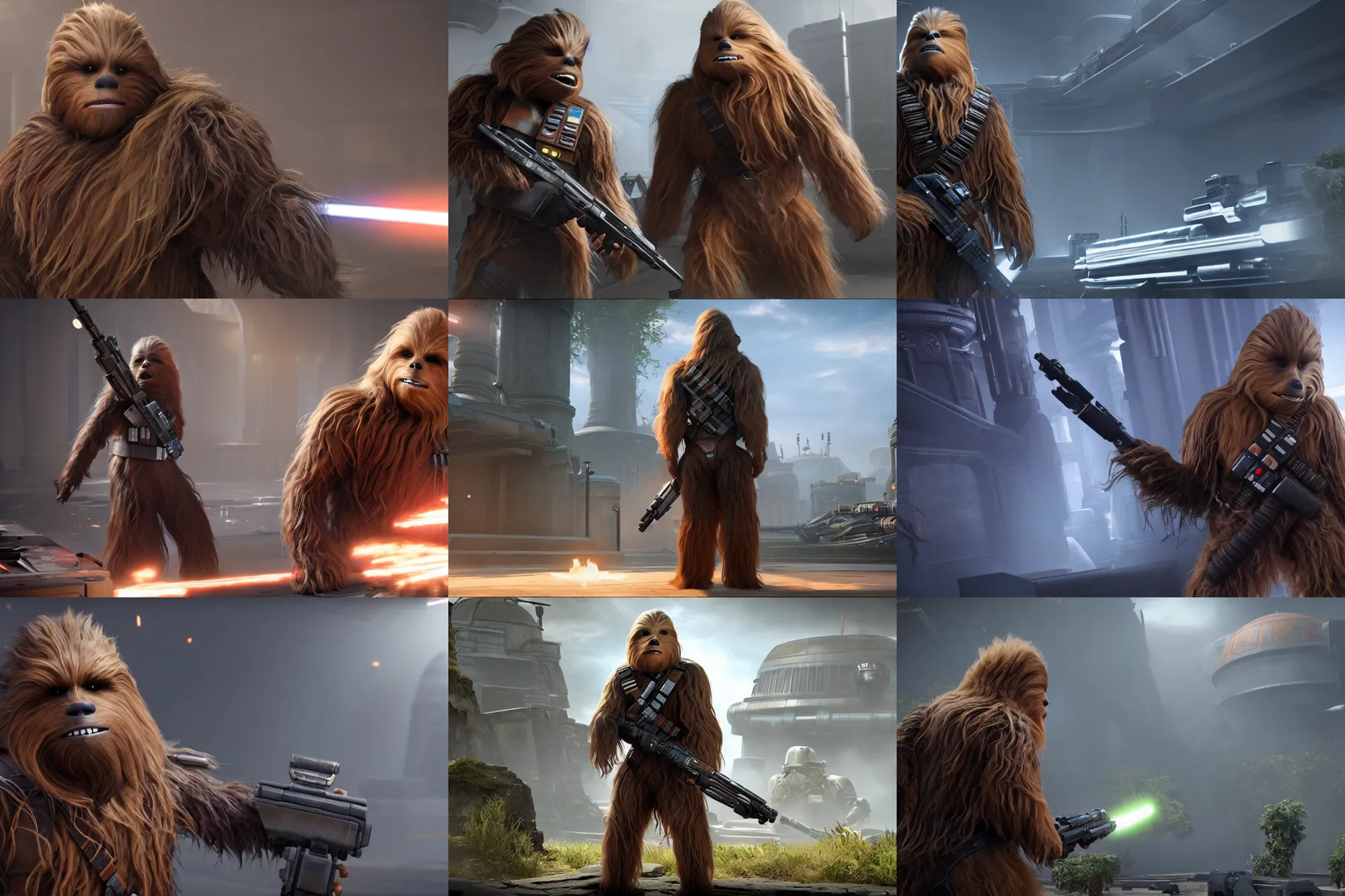 Prompt: a promotional gameplay screenshot of chewbacca in the video game jedi fallen order. 3 d rendering. very detailed