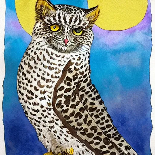 Image similar to snowy owl leopard cat gryphon, Louis William Wain watercolor, fantasy