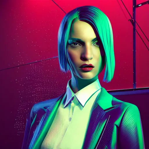 Prompt: stylish woman cartoon portrait made out of rain, pinstripe suit, cyberpunk background, rendered in octane, unreal engine, highly detailed, trending on artstation, realistic, neon, beautiful