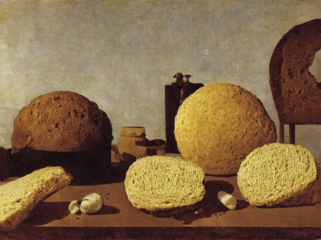 Image similar to still life with fluffy, giant diaphanous sponge - like mold raising out of an old bread. painting by zurbaran, max ernst, agnes pelton, morandi, walton ford