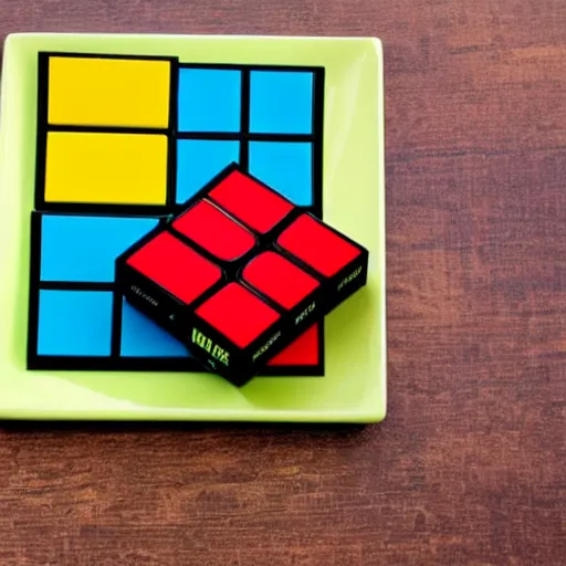 Prompt: a rubix cube on a plate on a table, drawn like a child