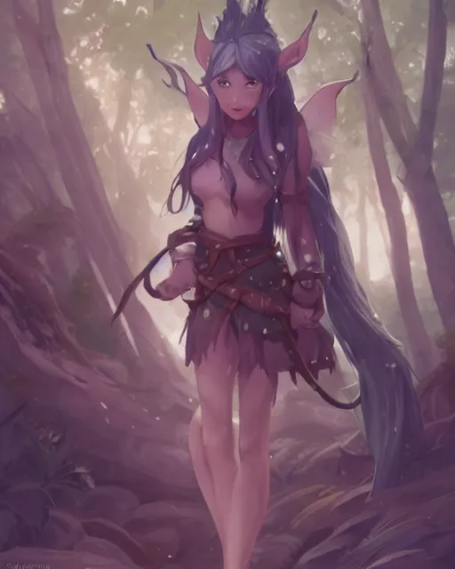 Image similar to an elven girl with a big skunk tail standing in the forest, atmospheric lighting. By Makoto Shinkai, Stanley Artgerm Lau, WLOP, Rossdraws, James Jean, Andrei Riabovitchev, Marc Simonetti, krenz cushart, Sakimichan, D&D trending on ArtStation, digital art.