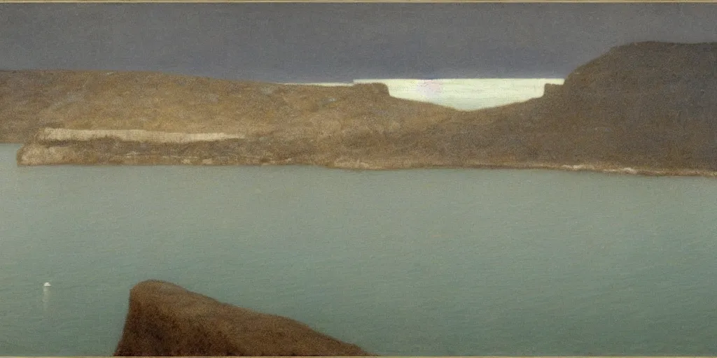 Prompt: black cliffs over water by Fernand Khnopff