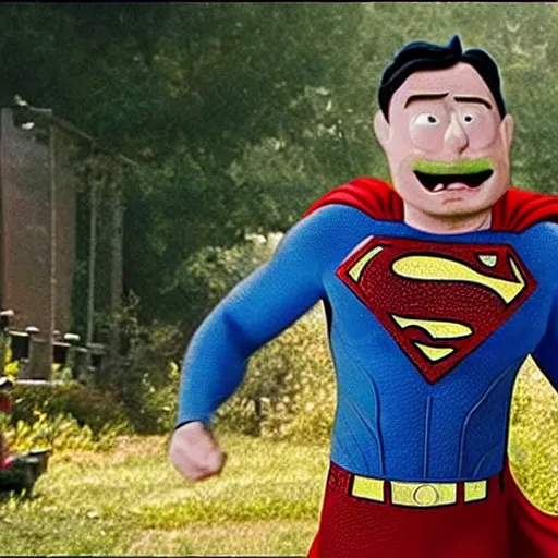 Image similar to movie still pickle rick as superman