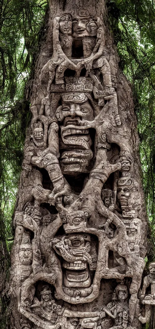 Prompt: portrait of mayan gods carved in a tree, octane render, photorealism, highly detailed, hdr, 8 k, complex 3 d render, hyper detailed, ultra sharp