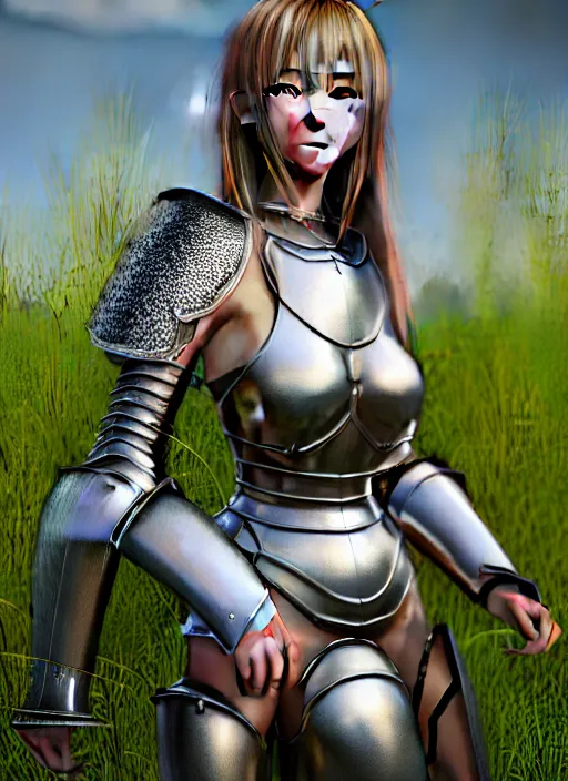 Prompt: a masterpiece hyperrealistic ultradetailed fullbody photograph of a lifelike real human anime girl in full steel plate armor, surrounded by wild weeds, gorgeous, vibrant hairs, visible skin pores, photoreal image, in the style of wlop, photoreal, overrendered, blender, unreal engine, extremely detailed, trending on artstation, sharp focus, 4 k