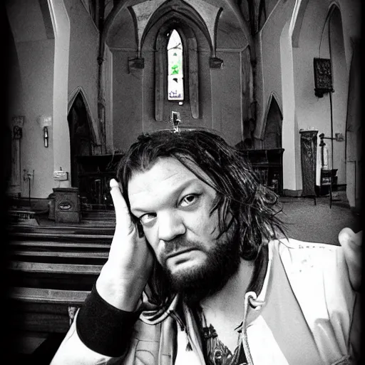 Image similar to bam margera, in a church