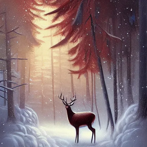 Prompt: a painting of a deer in a snowy forest, a digital painting by petros afshar, featured on deviantart, fantasy art, nightscape, digital illustration, official art