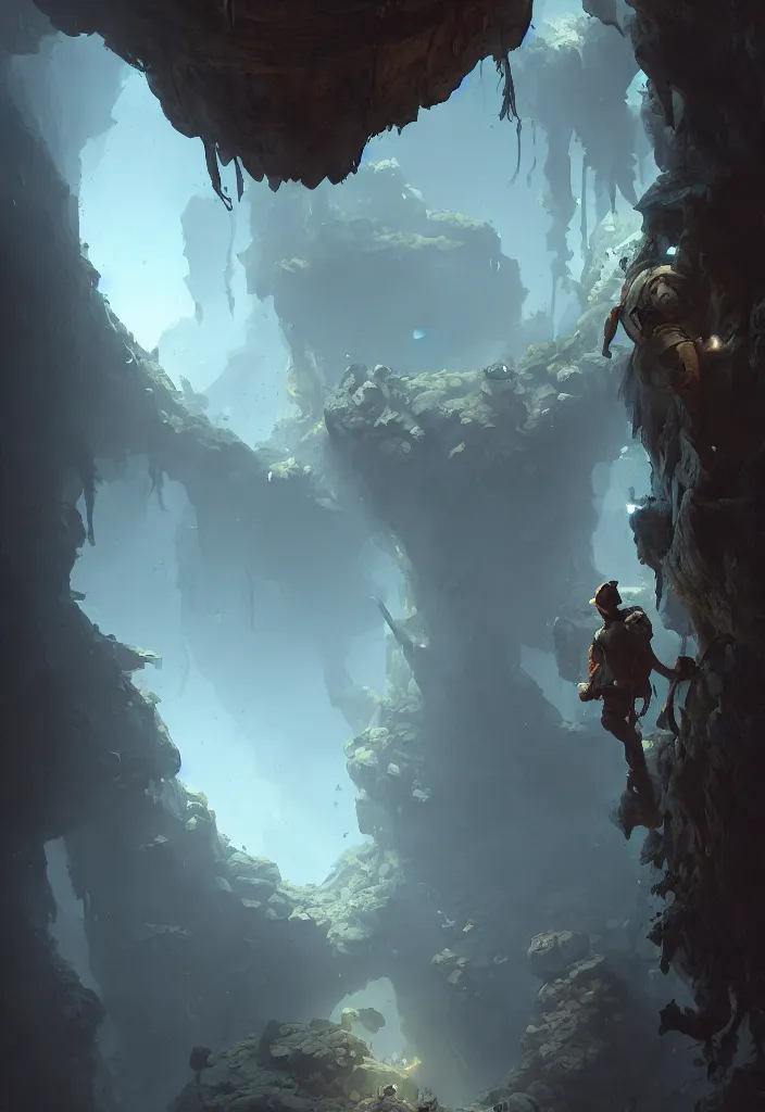 Prompt: a concept art painting of an explorer at the bottom of an ancient well, upward angle, dramatic shadows, a monster crawls on the walls by tuomas korpi, pablo carpio, gilles beloeil, trending on artstation, highly detailed, atmospheric, directional lighting, cinematic