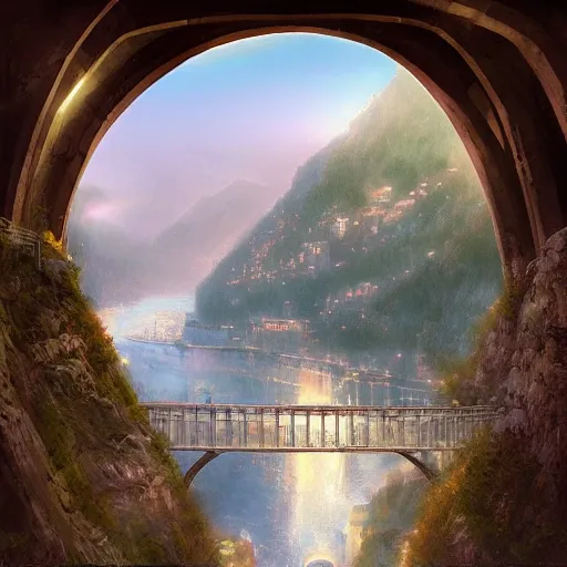 Prompt: Cannobio, St. Anna Gorge bridge, soft, light, bright, epic, awesome,digital art, by Simon baek and Greg rutkowski