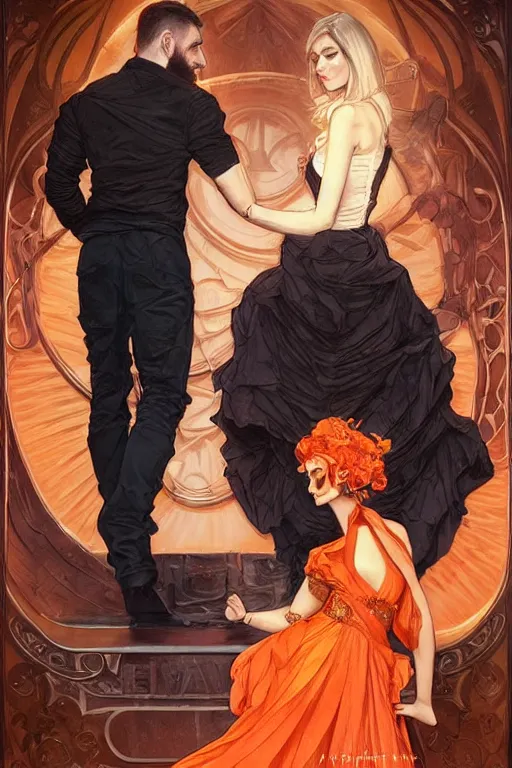 Image similar to bearded young man wearing orange t - shirt and tinfoil hat fastens zipper on beautiful black dress of his spouse before going to exquisite gala art by artgerm and greg rutkowski and charlie bowater and magali villeneuve and alphonse mucha