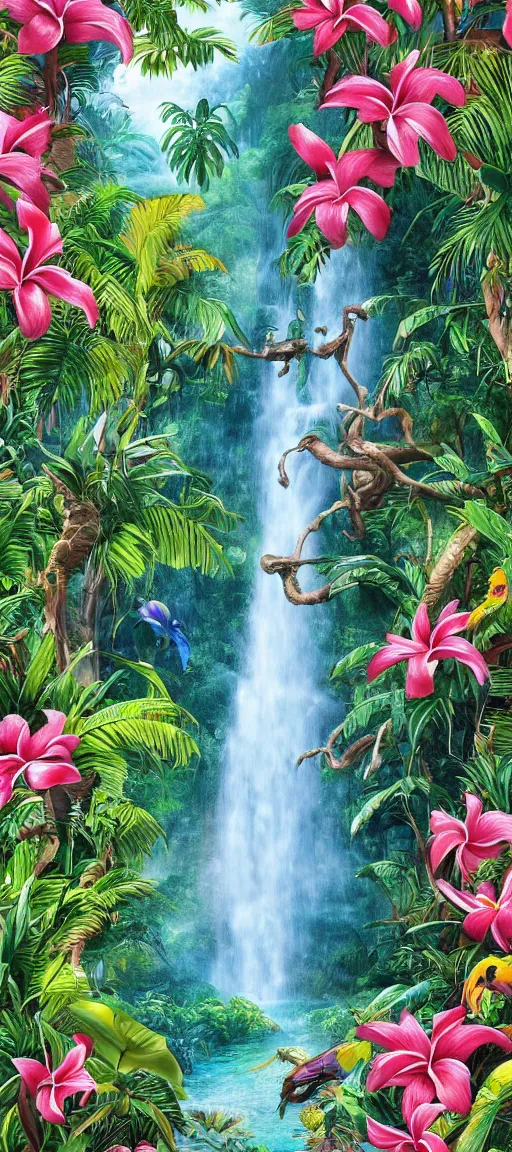 Image similar to cascading concept art of an exotic garden with waterfall pools, macaw parrots, flowers and palm trees, plumeria, detailed, highly detailed, aesthetic, realistic, hyper realism, colorful, in depth, intricate,