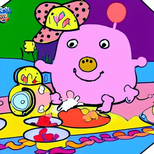 Prompt: pepapig cartoon with pepa george and daddy pig, colouring page