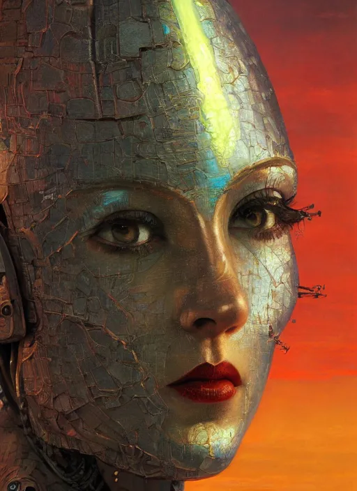 Prompt: biblical shy beautiful female mage android robot, deep gaze to the side, closeup, bright glowing veins, in clouds, sunset, portrait, by gerald brom, by mikhail vrubel, by peter elson, muted colors, extreme detail, reflections, trending on artstation, 8 k