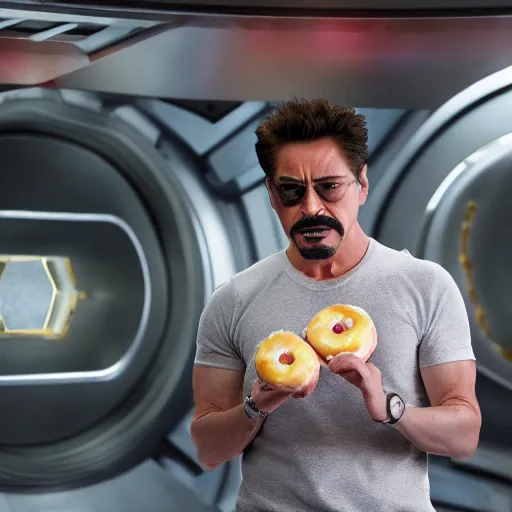 Image similar to Tony Stark eating a donut, 4k