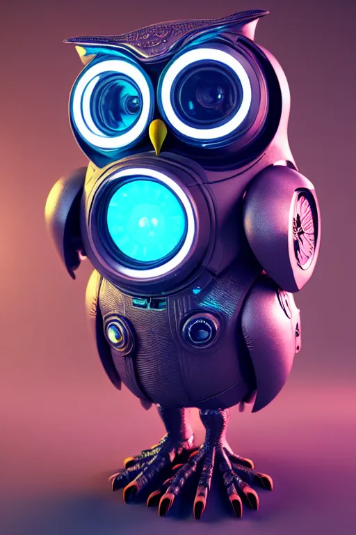 Image similar to high quality 3 d render very cute cyborg owl! with boombox, cyberpunk highly detailed, unreal engine cinematic smooth, in the style of blade runner & detective pikachu, hannah yata charlie immer, moody light, low angle, uhd 8 k, sharp focus