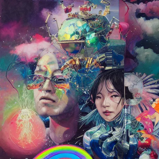 Prompt: surreal gouache painting, by yoshitaka amano, by ruan jia, by conrad roset, by kilian eng, by good smile company, incredibly detailed, of floating molecules and a mannequin artist holding an icosahedron with stars, clouds, and rainbows in the background, cgsociety, retrowave, modular patterned mechanical costume headpiece