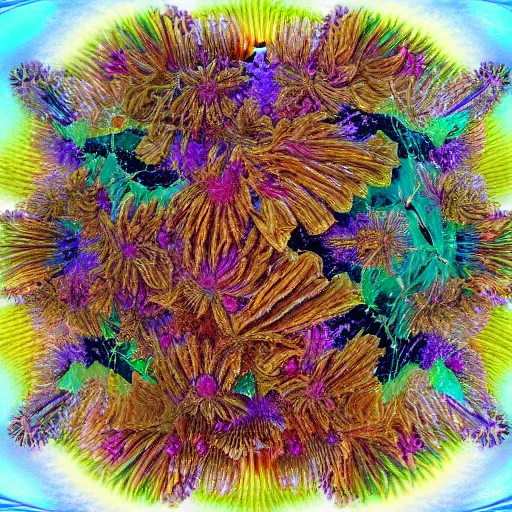 Prompt: The Mandelbulb has grown flowers all over its surface. Side View. Colorful. High Detail