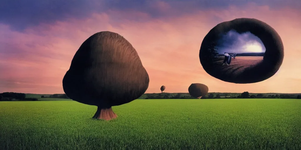 Image similar to hipgnosis storm thorgerson artwork a giant ear floating above a field in england at sunrise