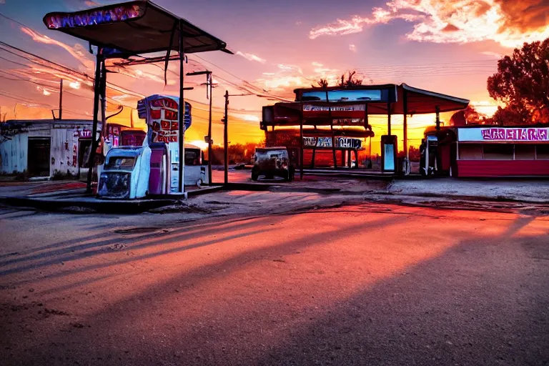 Image similar to a sunset light landscape with historical route 6 6, lots of sparkling details and sun ray ’ s, blinding backlight, smoke, volumetric lighting, colorful, octane, 3 5 mm, abandoned gas station, old rusty pickup - truck, beautiful epic colored reflections, very colorful heavenly, softlight