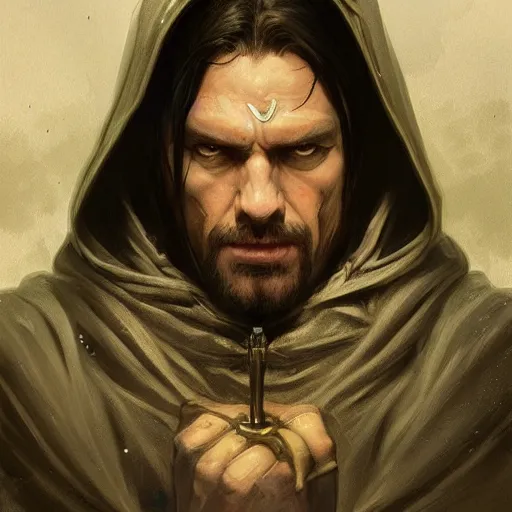 Image similar to portrait of a hooded half - elf middle aged man with black hair in a suburb, strong, angry, fantasy, highly detailed, digital painting, artstation, concept art, character art, art by greg rutkowski and tyler jacobson and alphonse mucha