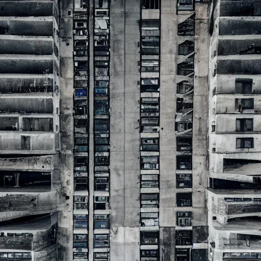 Image similar to a city made completely of equidistant, identical concrete buildings. melancholy, dark, dirty, 4 k photography.