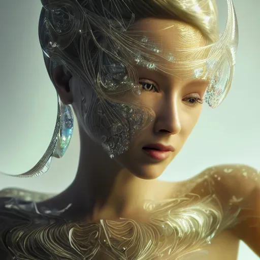 Image similar to beautiful pragmatic face, crystal, platinum, gold, biomechanoid with incredible iridescent pearlescent voluminous fiberoptic hair, crystalline masterpiece implants, hyperdetailed face, elegant pose, movie still, intricate, octane render, cinematic forest lighting, unreal engine, dieselpunk setting, crepuscular rays, god rays.